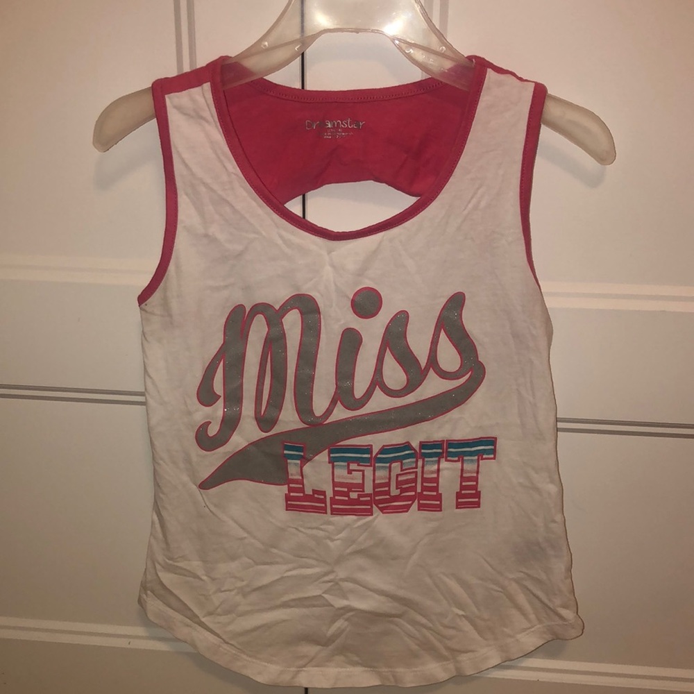 Graphic tank shirt pink and white with gray glitter letter